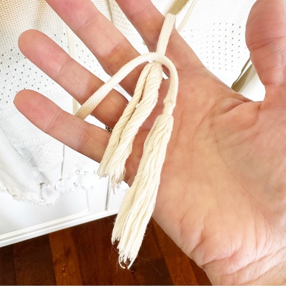 Tory Burch Women’s Baja Mixed Knit Hoodie Cream Tassel V Neck Pullover Sweater S - Picture 6 of 14